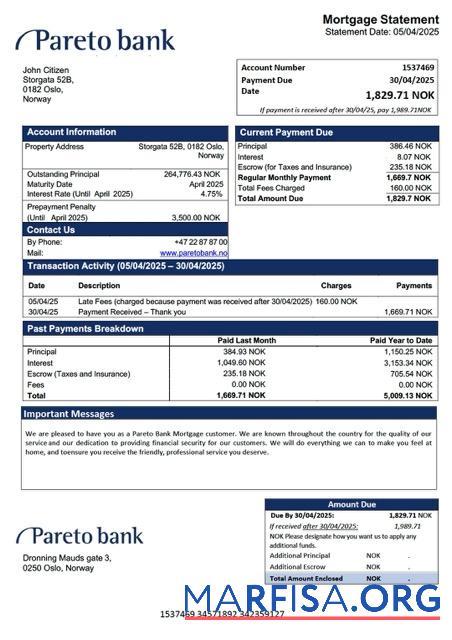 Blank Norway Pareto Bank mortgage statement Word and PDF template